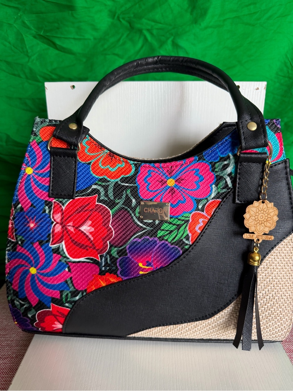 Colorful Floral Tote Bag with Black Trim by